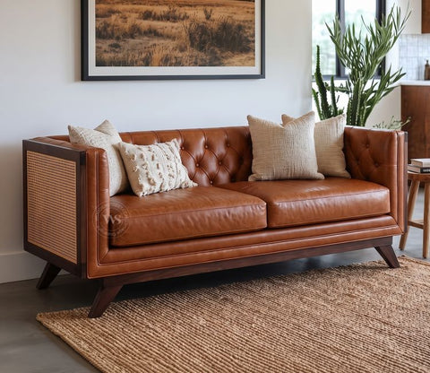 Samvaad 3 Seater Sofa with Cane Accents (Leatherette, Ginger Bread)