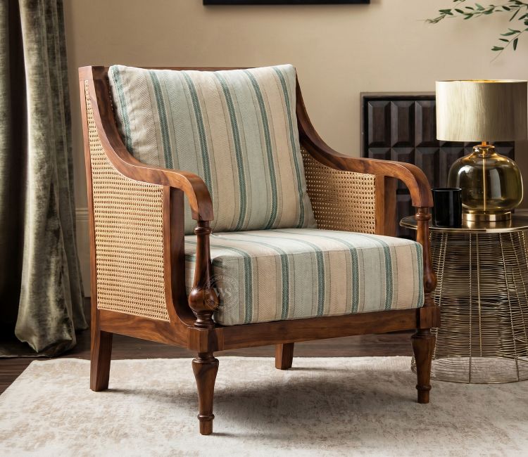 Eterna Sheesham Wood Lounge Chair With Premium Upholstery & Cane Detailing (Teak Finish)