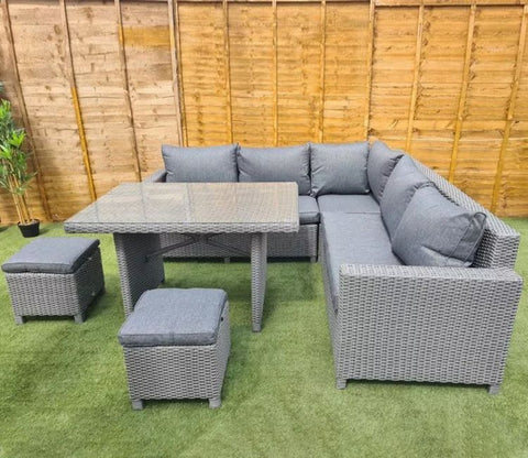 Grey Rattan And Wicker 7 Seater Patio Set With Table And Grey Cushions