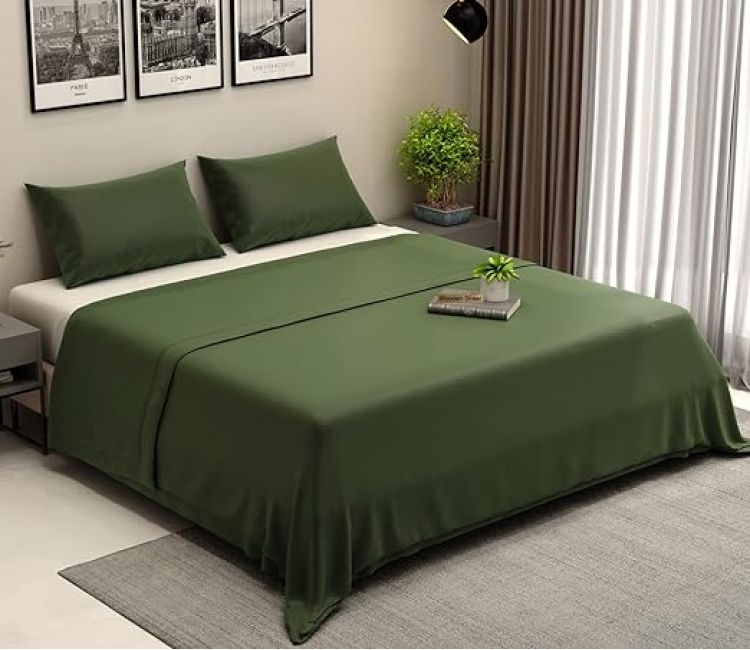 300 TC Flat Double Bed Sheet-Organic Dobby Bamboo Queen Size Bed Sheet with 2 Pillowcases (Avocado Green)