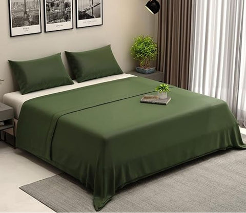 300 TC Flat Double Bed Sheet-Organic Dobby Bamboo Queen Size Bed Sheet with 2 Pillowcases (Avocado Green)