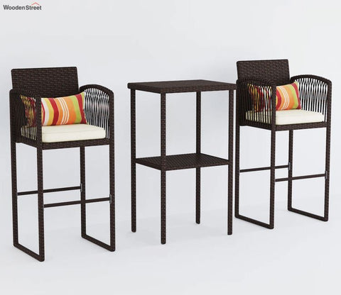 Dark Brown Rattan And Wicker Outdoor Bar Set With Cream Cushions
