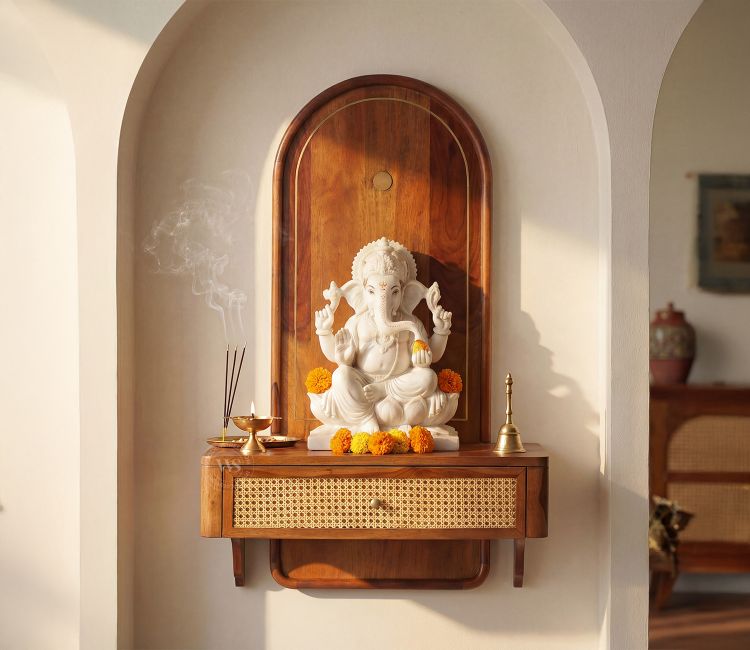 Shoonya Sheesham Wood Home Temple with Brass Detailing and Cane Accents (Teak Finish)