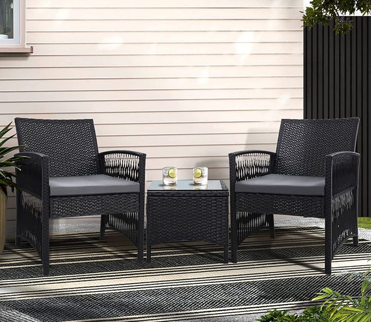 Black 2 Seater Outdoor Furniture Set With Grey Cushions