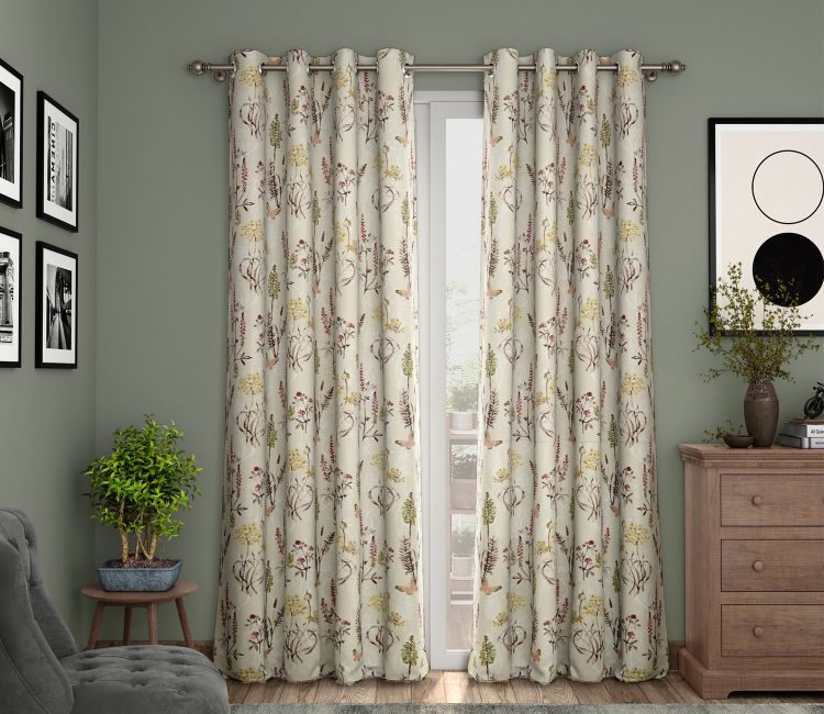 Beige Botanic Mist Floral Print Light-Filtering Door Curtains Set of 2 (Beige, 7 Feet)