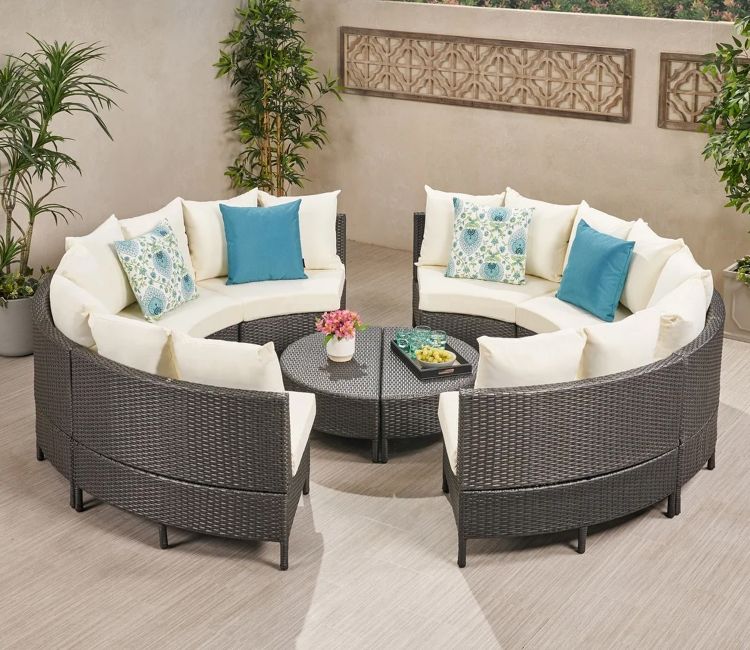 Dark Brown Rattan And Wicker 8 Seater Patio Set With Table And Cream Cushions