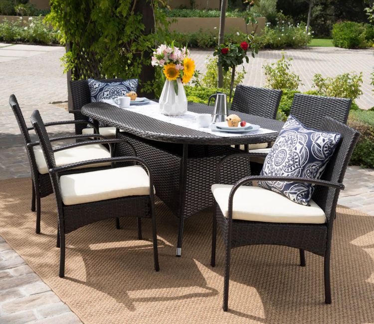 Dark Brown Rattan And Wicker Dinning Patio Set With Cream Cushions