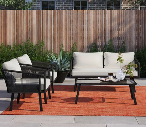Black Rope 4 Seater With Table And Off-White Cushions Patio Set