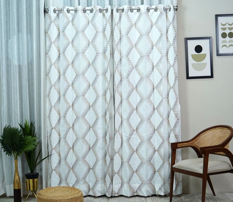 Rhombus Sheer Door Curtains Set of 2 (Beige, 7 Feet)