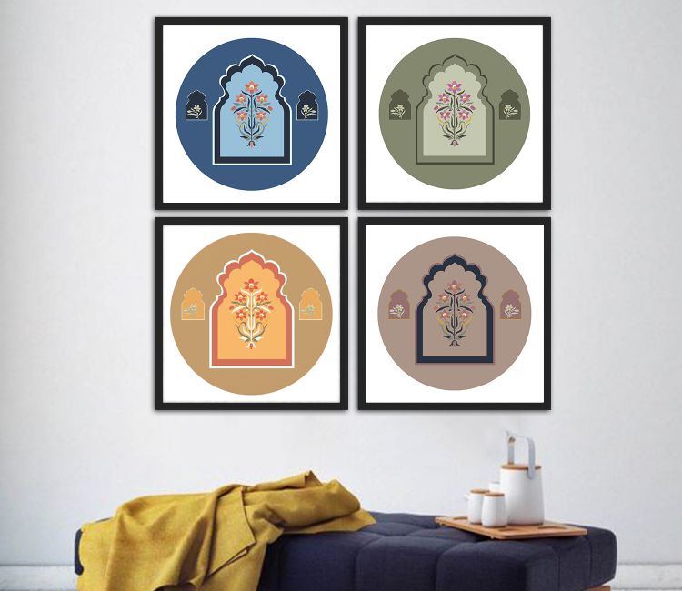 Lively Floral Print Jharokha Set of 4 Wall Frame (Square, Black, 16x16 Inch, Matte Paper)