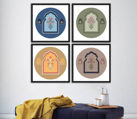 Lively Floral Print Jharokha Set of 4 Wall Frame (Square, Black, 16x16 Inch, Matte Paper)