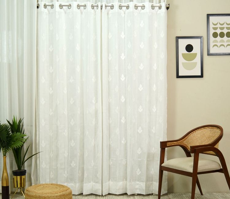 Tri Motifs Door 1 Piece Sheer Curtain (White, 7 Feet)