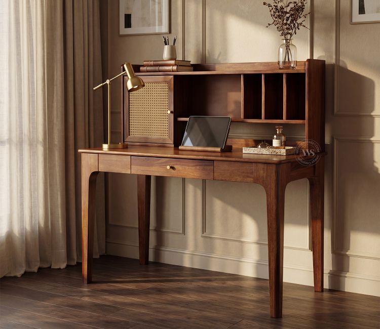 Nirman Sheesham Wood Study Table with Storage & Cane Cabinet (Teak Finish)