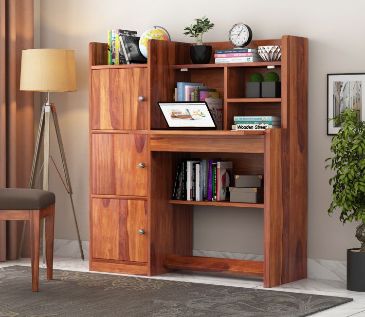 Candy Sheesham Wood Study Table with Three Cabinets & Open Shelves (Honey Finish)