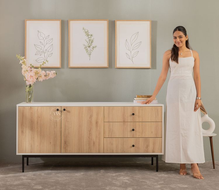 Marbay Modern White Sideboard & Cabinet with Textured Front & Metal Base (Engineered Wood, Santana Pattern)