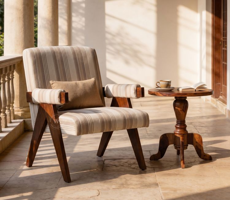 Troupe Sheesham Wood Chandigarh Chair with Premium Upholstery (Cream Stripes, Teak Finish)
