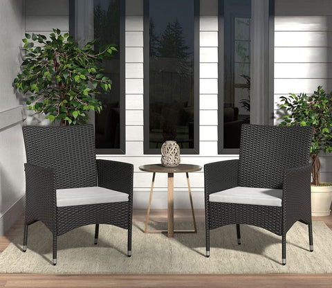 Black Rattan And Wicker Patio Chair with White Cushions (Set Of 2)
