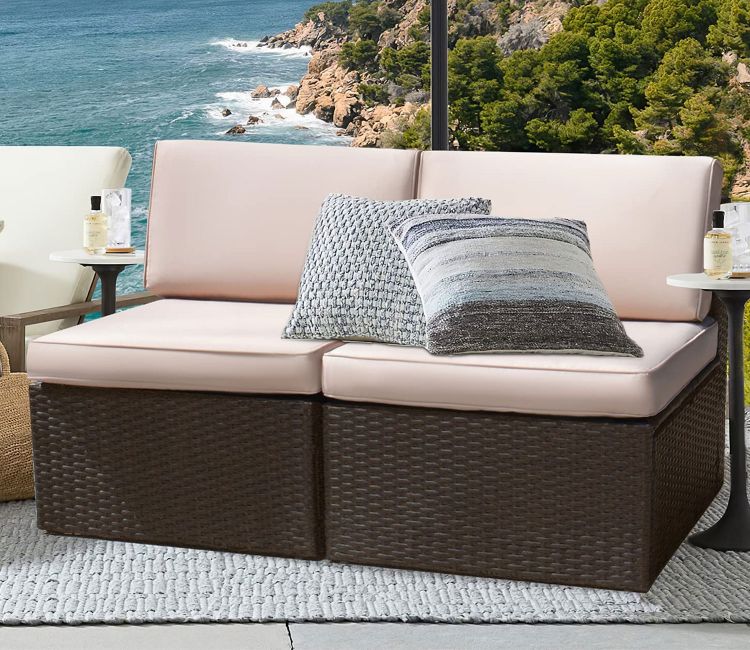 Dark Brown Rattan And Wicker Patio Sofa Cum Chair And Cream Cushions (Set Of 2)