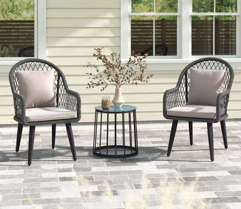 Grey Rope 2 Seater Chair With Table And Cream Cushions Balcony Set