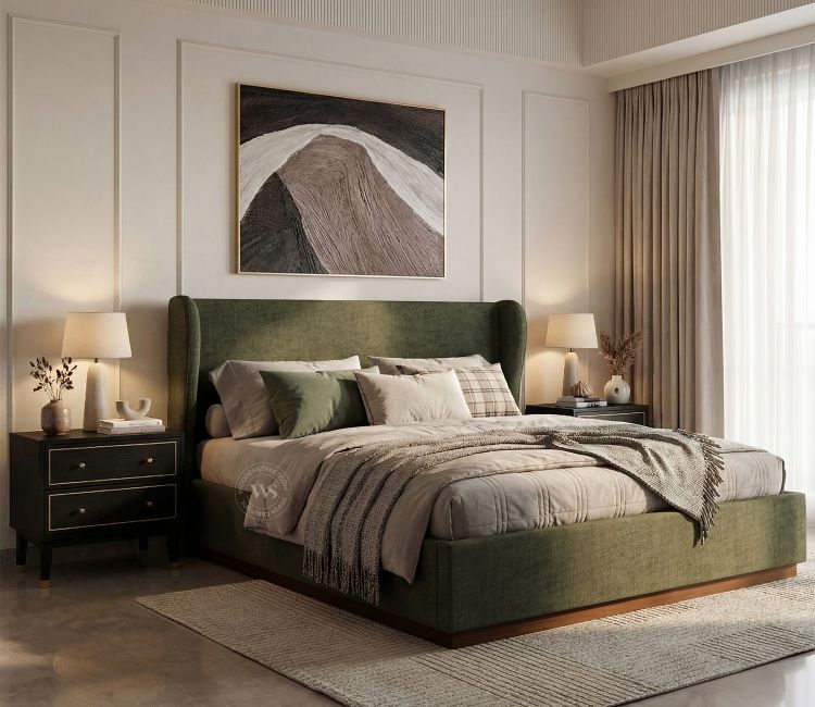 Adhiraj Luxurious Fabric Hydraulic Storage Bed with Plush Wingback Headboard (King Size, Sage Green)