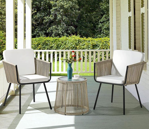 Beige Rope 2 Seater Chair Set With Table And White Cushions