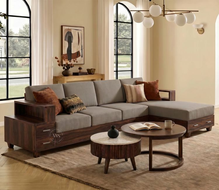 Solace L-Shape Right Aligned 4 Seater Sheesham Wood Sofa (Walnut Finish, Warm Grey)