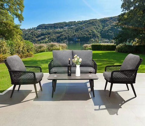 Black Rope 4 Seater With Table And Grey Cushions