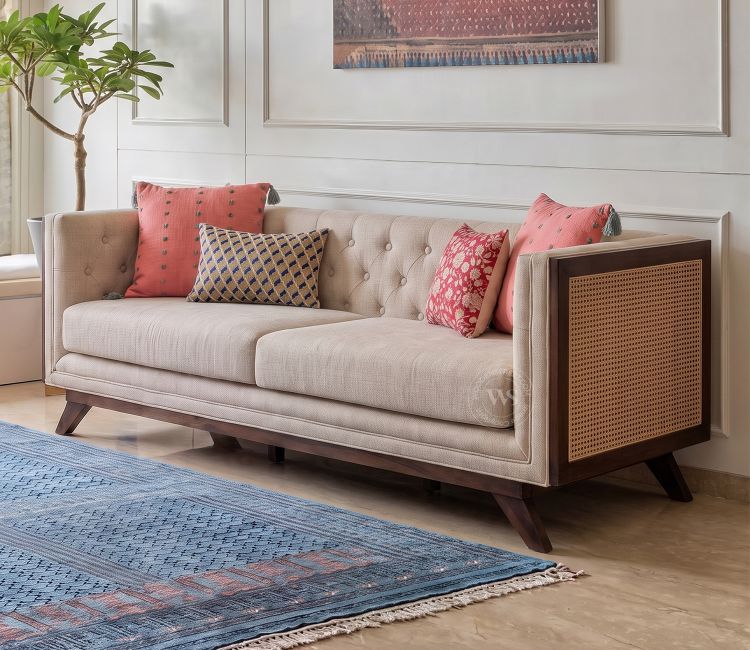 Samvaad 3 Seater Sofa with Cane Accents (Cotton, Jade Ivory)