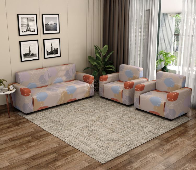 Agnus Modern Abstract Printed Polyester Spandex 3+1+1 Sofa Cover Set (Multi Color)
