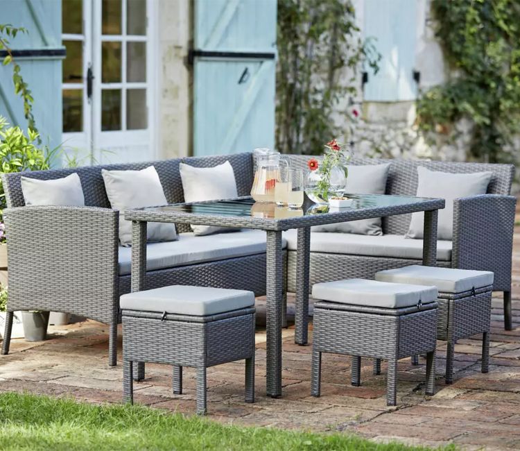 Grey Rattan And Wicker 8 Seater Patio Set With Table And Grey Cushions