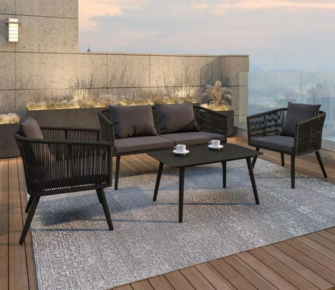 Black Rope 4 Seater Set With Table And Dark Grey Cushions