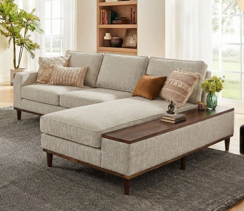 Ashion Premium Right Aligned L Shape Sofa with Built-in Side Wooden Deck (Cottage Ivory)