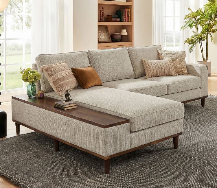 Ashion Premium Left Aligned L Shape Sofa with Built-in Side Wooden Deck (Cottage Ivory)
