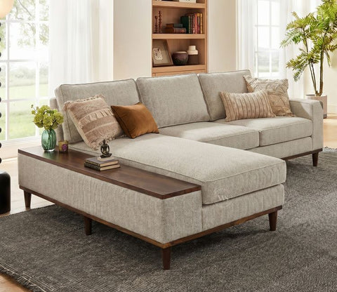 Ashion Premium Left Aligned L Shape Sofa with Built-in Side Wooden Deck (Cottage Ivory)
