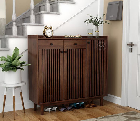 Gaitor Soild Wood Shoe Cabinet with Drawers & Slatted Doors (Mango Wood, Teak Finish)