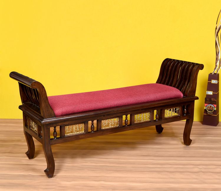 Myla-II Ottoman Cushioned Double Seater with Striped Wood Pattern in Walnut Finish