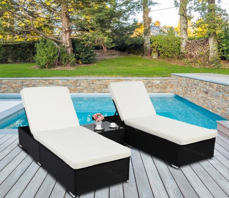 Black Two Rattan Wicker Outdoor Patio Lounger With White Cushions And Table