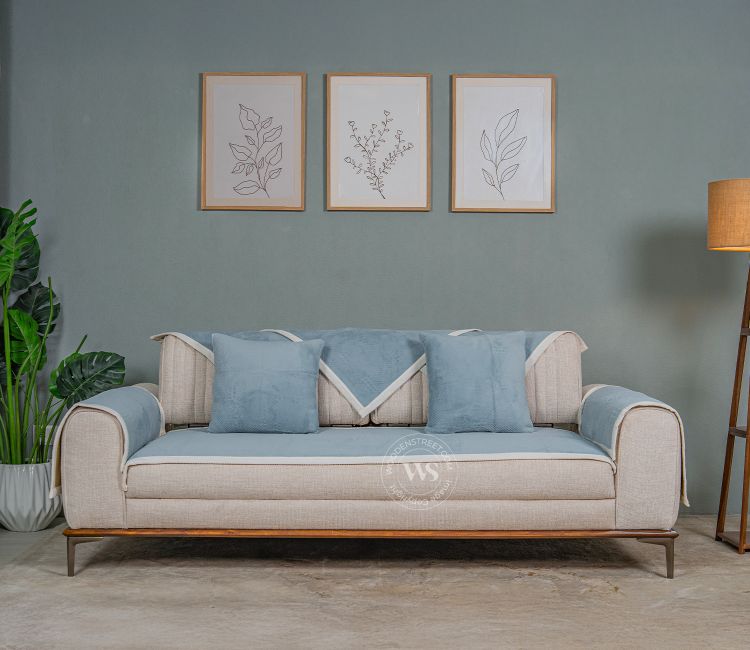 Radiant Blues Plain Designer 3 Seater Sofa Cover - Set of 8