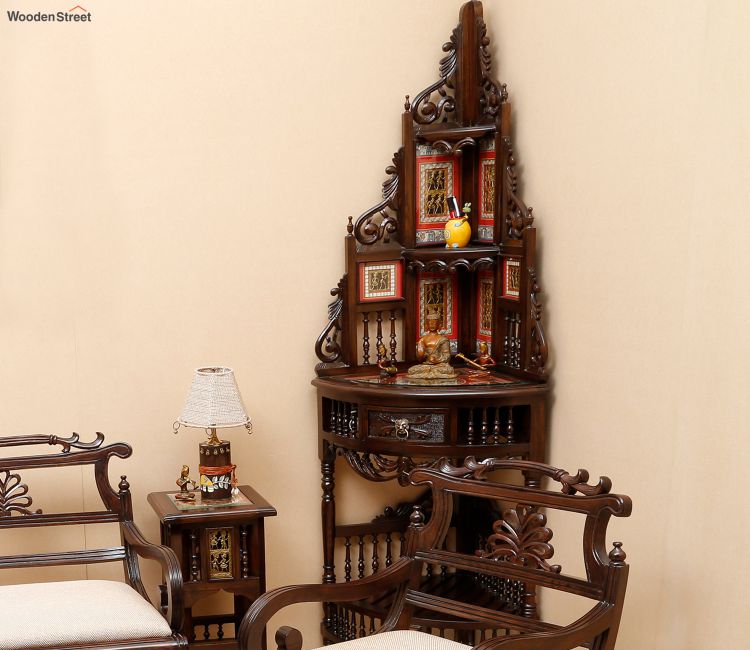 Quadro Teak Wood Corner Table with Storage and Carved Elevation