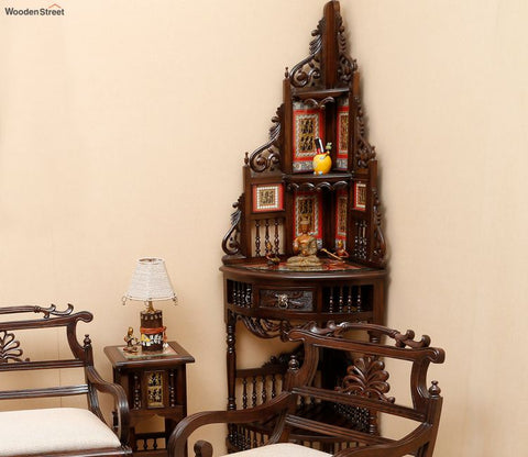 Quadro Teak Wood Corner Table with Storage and Carved Elevation