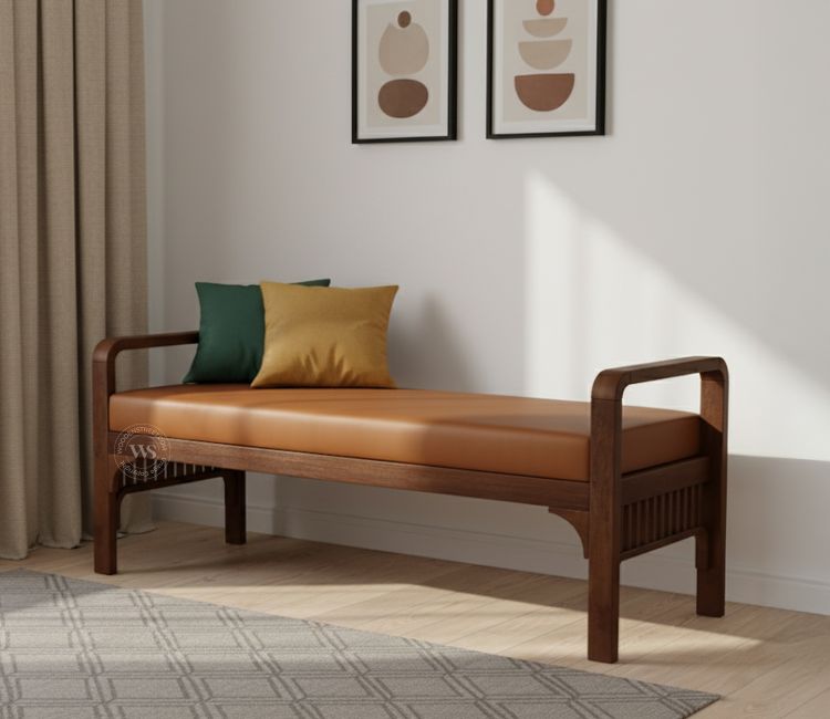 Elle Mango Wood Upholstered Bench with Ginger Bread Leatherette (Teak Finish)
