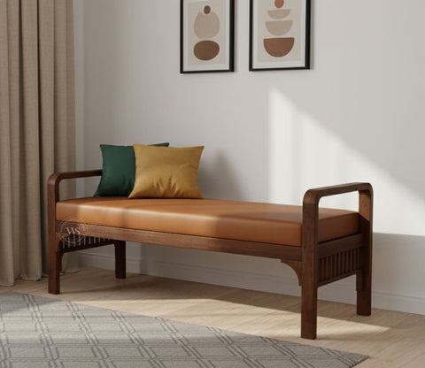 Elle Mango Wood Upholstered Bench with Ginger Bread Leatherette (Teak Finish)