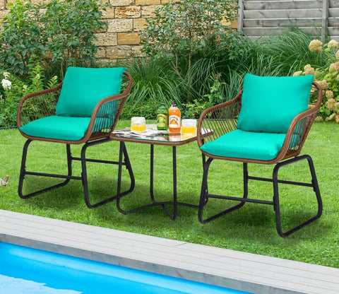 Dark Brown Rattan And Wicker 2 Seater Chair With Table And Robin Blue Cushions Balcony Set