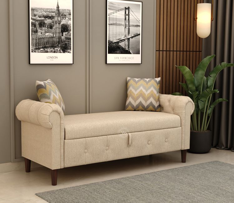 Velo Cushioned Hand Carved Sofa Bench With Hidden Storage (Jade Ivory)