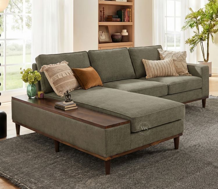 Ashion Premium Left Aligned L Shape Sofa with Built-in Side Wooden Deck (Sage Green)