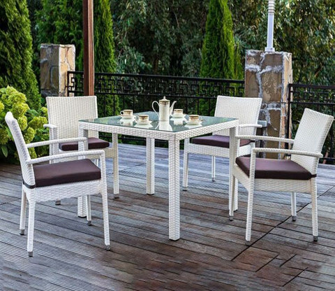 White Wicker And Rattan 4 Seater Dining Set With Dark Brown Cushions