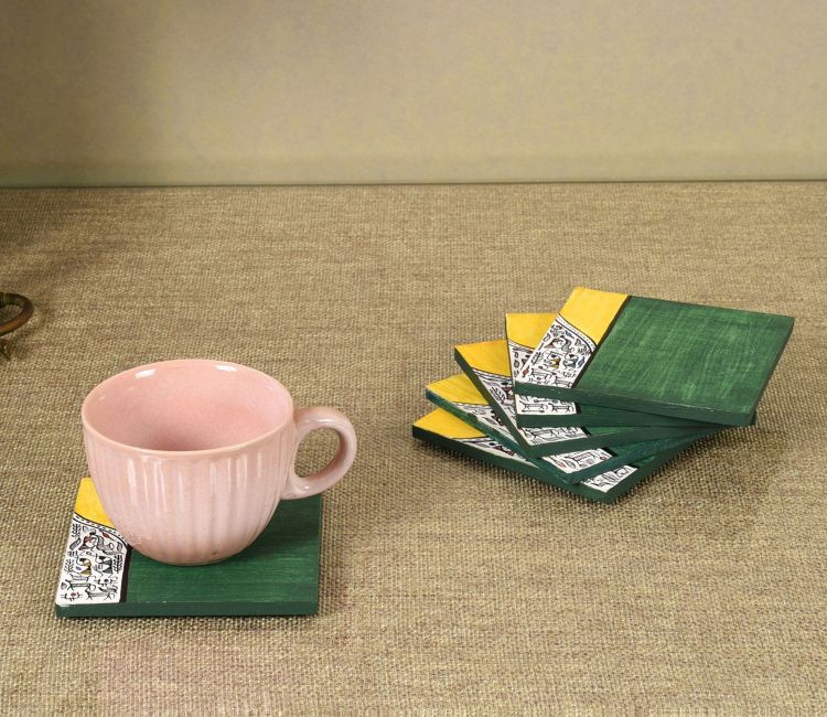 Warli Blues Hand Painted Coaster Set Of 6