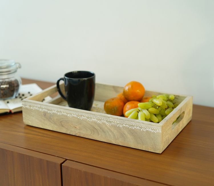 Adiva Floral Hand Painted Wooden Rectangle Serving Tray