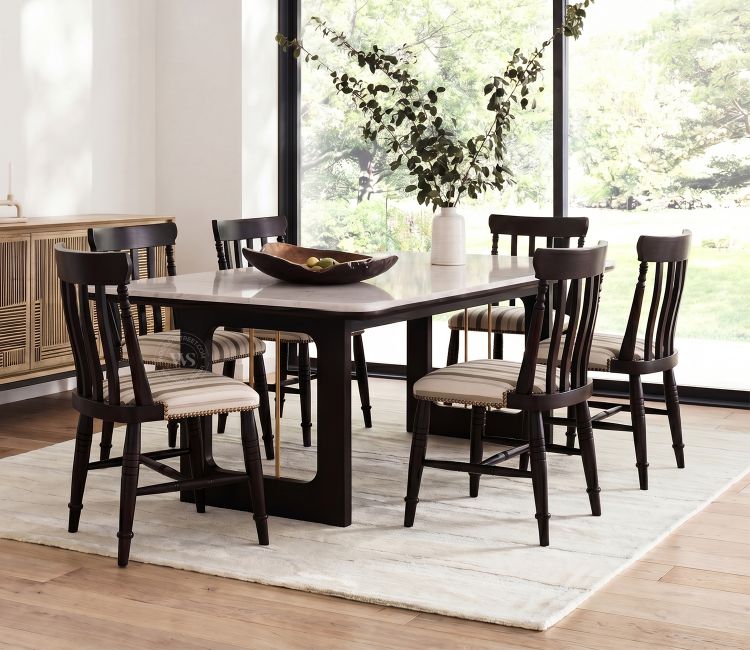 Kanak Designer 6 Seater Sheesham Wood Dining Table Set with Mishaan Quartz Top Table and Misha Chair (Black Finish)