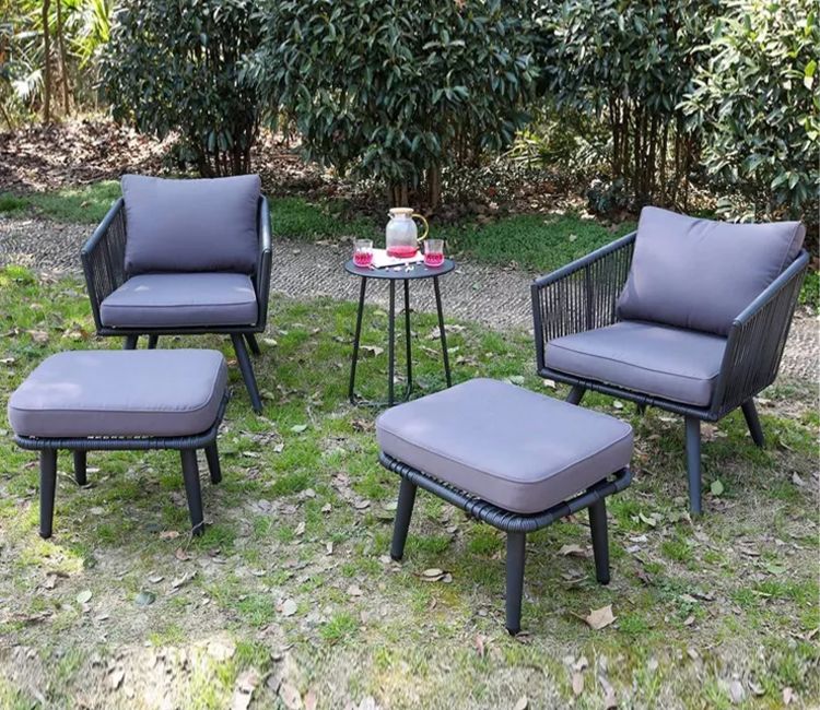 Black Rope 4 Seater Sofa Set With Round Table And Grey Cushions